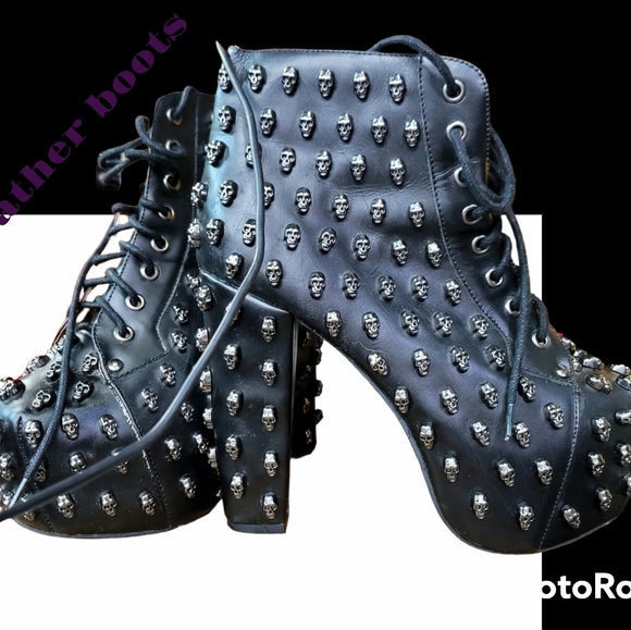 Black skull Leather boots - Picture 1 of 6